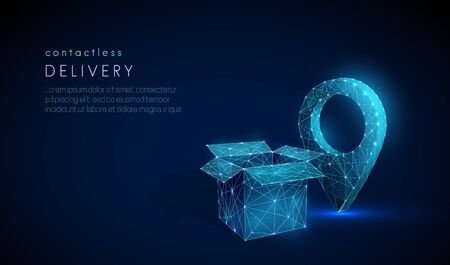 Low poly open box  near pin icon. Contactless delivery concept. Epidemic measures during quarantine. Food delivery. 3d graphic Abstract geometric background. Vector illustrationのイラスト素材