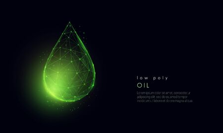 Abstract falling green oil drop. Modern 3d graphic concept. Geometric background. Wireframe light connection structure. Isolated vector illustration. Low poly style design.のイラスト素材
