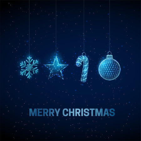 Abstract Happy New Year greeting card with hanging Christmas toys.のイラスト素材