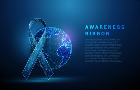 Low poly blue awareness ribbon and planet Earthのイラスト素材