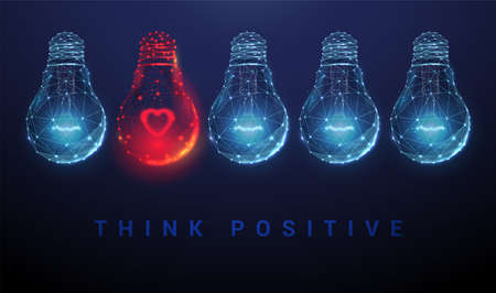 Abstract blue and red glowing light bulbs with heart shape inside.のイラスト素材