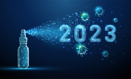 Hand sanitizer disinfecting 2023 year with molecules of virus.