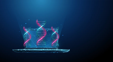Abstract laptop with colored DNA molecule helixのイラスト素材