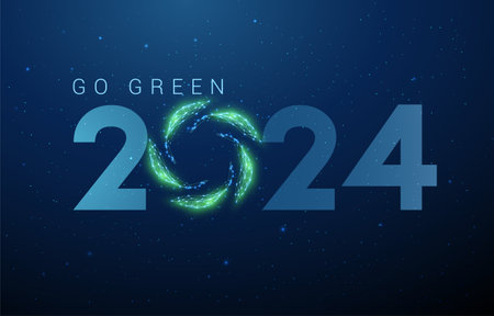Abstract Happy 2024 New Year greeting card with green leaves in circle. Low poly style design. Abstract geometric background. Wireframe light structure. Modern 3d graphic ecology concept. Vector.のイラスト素材