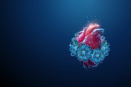 Abstract red human heart with blue flowers. Healthy lifestyle, healthcare medical concept. Low poly style design. Geometric background. Wireframe light connection structure. Modern 3d graphic. Vector.のイラスト素材