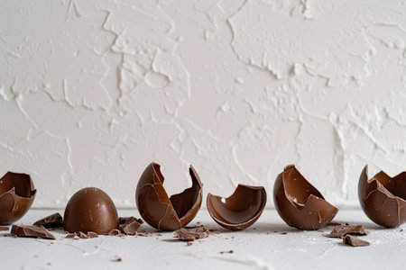 Broken milk chocolate Easter eggs, scattered chocolate pieces on white textured table against a white wall. Front view with copy space. Ai generated.の素材