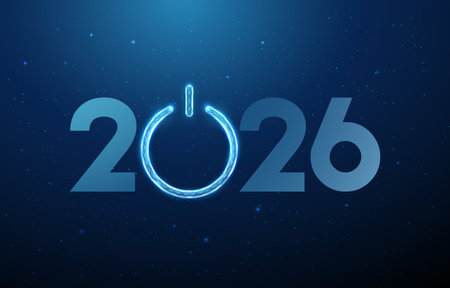 Number 2026 with a blue power button. Digital technology, innovation, startup, energy activation,...