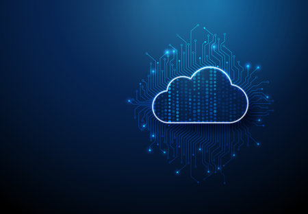 Cloud icon with streams of blue dots inside and circuit-like lines. Data storage, network infrastructure, microchip technology, information flow, online backup, AI concept.のイラスト素材