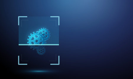 3d gears inside digital scanning frame with horizontal scan line. System diagnostics, process...