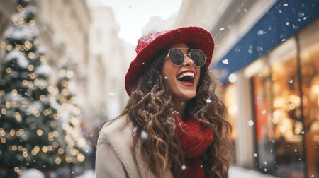 girl with sunglasses laughs in a street full of stores while it snows around her. she wears a red hat and a scarf. copy space. generated with aiの素材