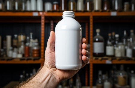 medicine bottle held by one hand. white bottle of syrup in warehouse full of medicines. generated with aiの素材