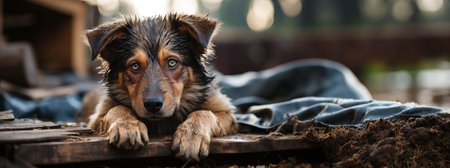 abandoned dog in a dirty and unpopulated street. wet floor and feeling of cold and abandonment. sad look. copy space. generated with aiの素材