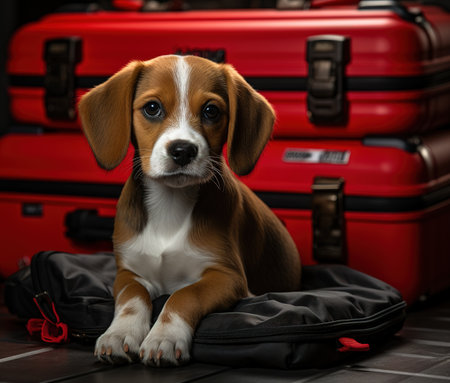 Beagle puppy with red suitcase on a background of red suitcasesの素材