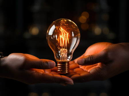 light bulb over hands on a dark background. light bulb on. Light. copy space. generated with aiの素材