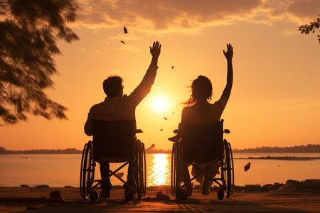 two men in wheelchairs with their arms raised in triumph. Paralyzed man watches the sunset. concept of disability and overcoming. copy space. generated with aiの素材
