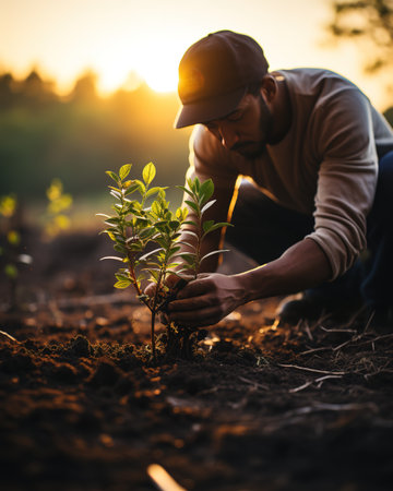 african american man planting a tree at sunset. warm colors. reforestation. generated with aiの素材