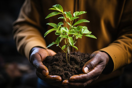 photograph of hands with a green plant growing. tree planting. ecology and environment generated with AIの素材