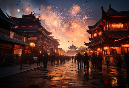 photo of street of eastern city celebrating new year with fireworksの素材