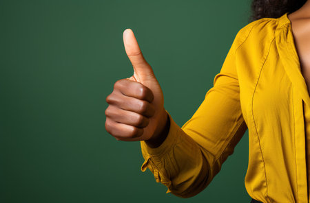 photo of a brunette girl making the ok sign with her thumb. yellow rap on green background. complementary colors.の素材