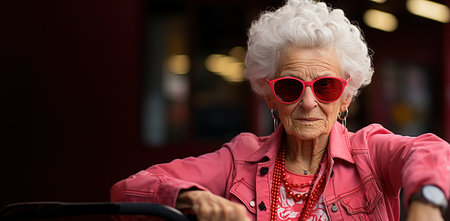 copy space. photograph of grandmother dressed in pink rocker clothes and fancy sunglasses leaning on a car. mother celebrating international mother's day.の素材