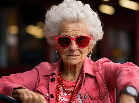 photograph of grandmother dressed in pink rocker clothes and fancy sunglasses leaning on a car. mother celebrating international mother's day.の素材