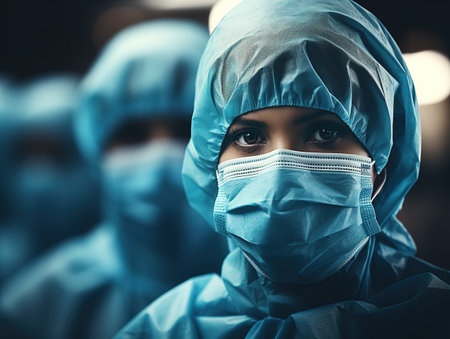 woman wearing blue medical gowns. close-up of doctor with mask.の素材