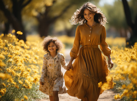 Mother strolls through a field of flowers with her international daughter, both wearing sunglasses and yellow T-shirts. Celebrating Diversity and Mother's Dayの素材