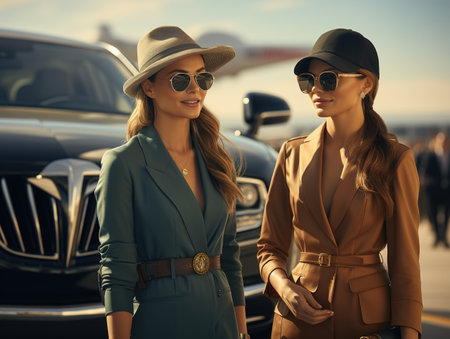 TWO ENTERPRISING WOMEN GETTING OUT OF A LUXURY CAR. SUCCESSFUL WOMENの素材