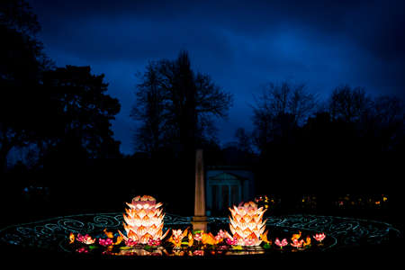 London, United Kingdom - February 07, 2016: Magical Lantern Festival at Chiswick House And Gardens. Lotus flowers and coy fish installation.のeditorial素材