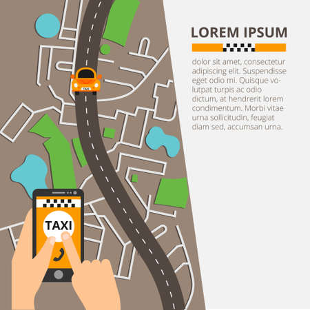 Taxi mobile app concept on city map background. Hand Holding Mobile Phone Booking Taxi.のイラスト素材