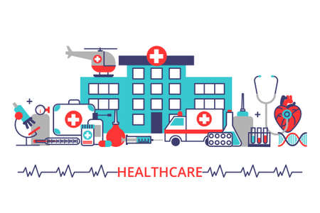 Health care concept with a lot of medical equipment, hospital, ambulance, helicopter. Vector illustration for web, info graphic.のイラスト素材