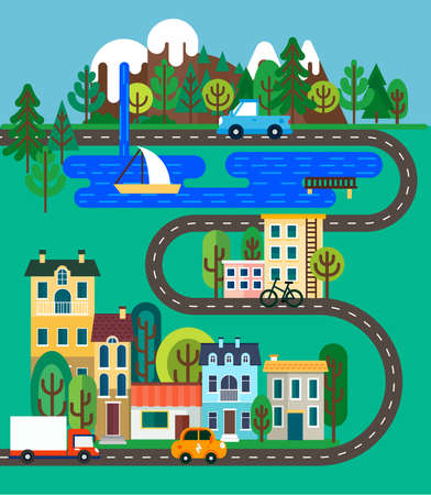 Green city nature landscape with mountains, trees, waterfall, lake, road and small city.のイラスト素材