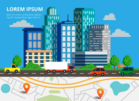 Colorful background with city skyline, traffic jam and city map.のイラスト素材