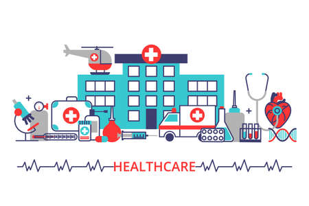 Flat line design website banner of healthcare, clinic and hospitのイラスト素材
