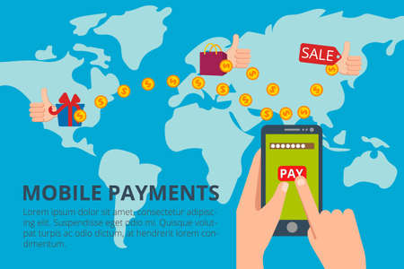 Hands tapping smart phone with banking payment app. Modern flatのイラスト素材