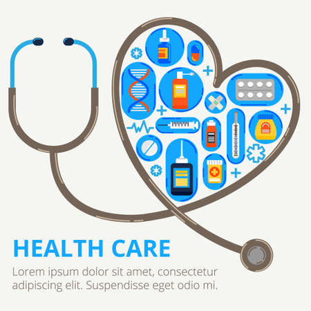 Health care concept in modern flat style. Stethoscope is bent in the shape of heart with a lot of pills. Vector illustration for web banners and info graphic.の写真素材