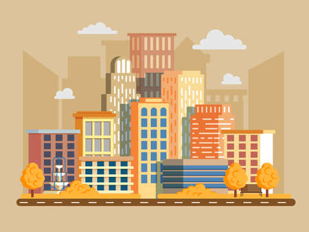Vector illustration in modern flat style. Cityscape with a lot of sky scrapers in autumn. Buildings and business center.の写真素材