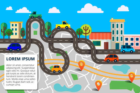 Colorful background with landscape, road and city map. Top view city map with cars and trees for web banners, info graphic and  brochure. Vector illustration の写真素材