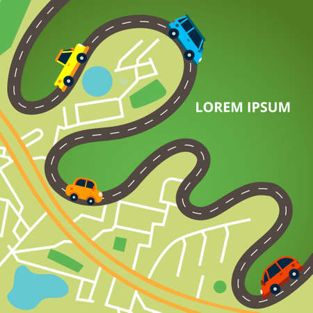 Top view city map with winding road and many colorful cars. Traffic jam. Vector illustration for web banners and info graphic.の写真素材