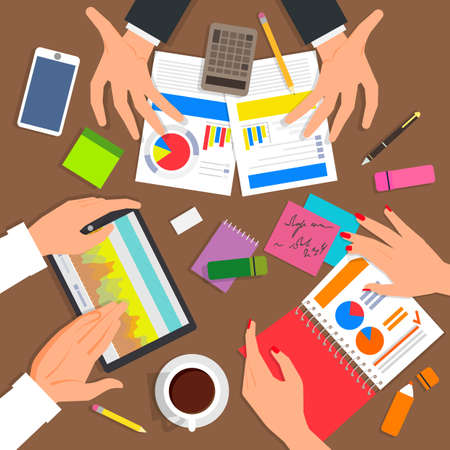 Business desk top view. Work process with a lot of diagrams and documents. Debate and negotiations between employees. Vector illustration in modern flat design for web banners and info graphicの写真素材