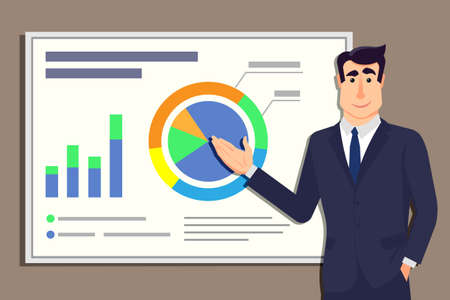 Young handsome businessman involved in the presentation of business plans.The man pointing to charts and graphs. Vector illustration in modern flat style for info graphic and web banners.の写真素材