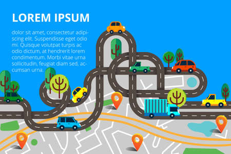 Colorful background with landscape, road and city map. Top view city map with cars and trees for web banners, info graphic and  brochure. Vector illustration の写真素材