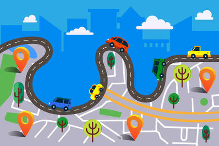 Vector illustration in modern flat style. Transportation concept with winding road and colorful cars and truck.Can used for web banners and info graphics.の写真素材