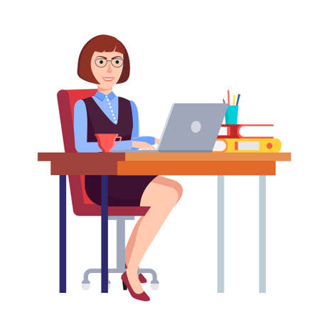 Vector illustration in modern flat style. Office worker friendly smiling behind desk. A pretty woman with glasses sitting on a chair with wheels and works with a laptop.の写真素材