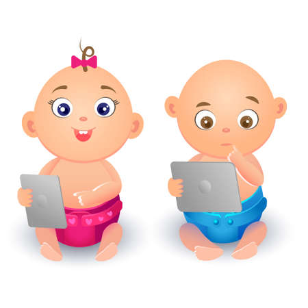 Small girl and boy sitting and playing with gadget. Kids learning with tablet. Babies isolated on white background.の写真素材