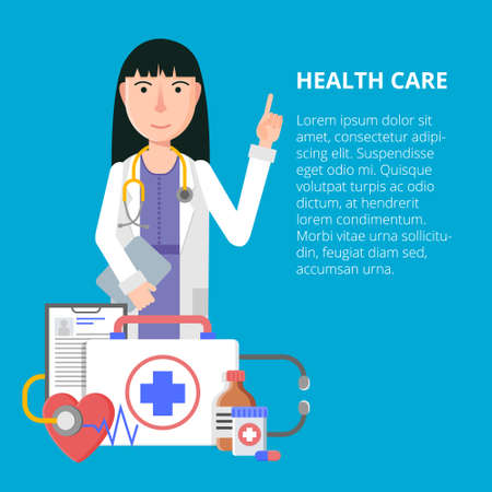 Vector illustration in a modern flat style, health care concept. A doctor in uniform with stethoscope and first aid kit. On line consultation   の写真素材