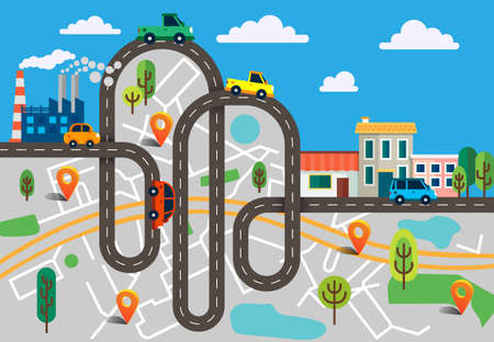 Colorful vector illustration with winding asphalt road and a lotのイラスト素材