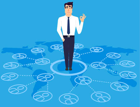 Communicable young business man standing on world map. The imporのイラスト素材