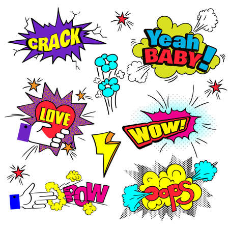 Comic Bubbles Set. Expressions Pow, Oops, Wow, Love, Crash, Yeahのイラスト素材
