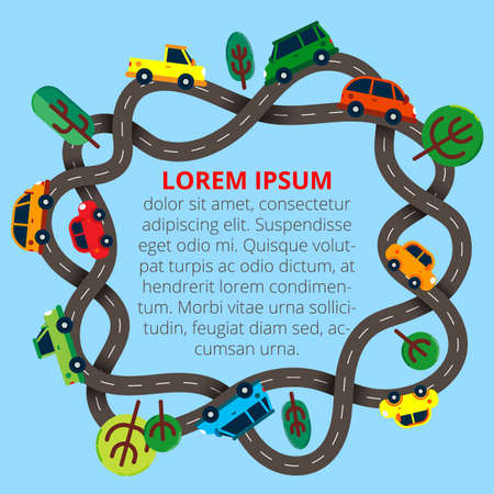 Winding roads in circle with a lot of colorful cars and trees. Vのイラスト素材